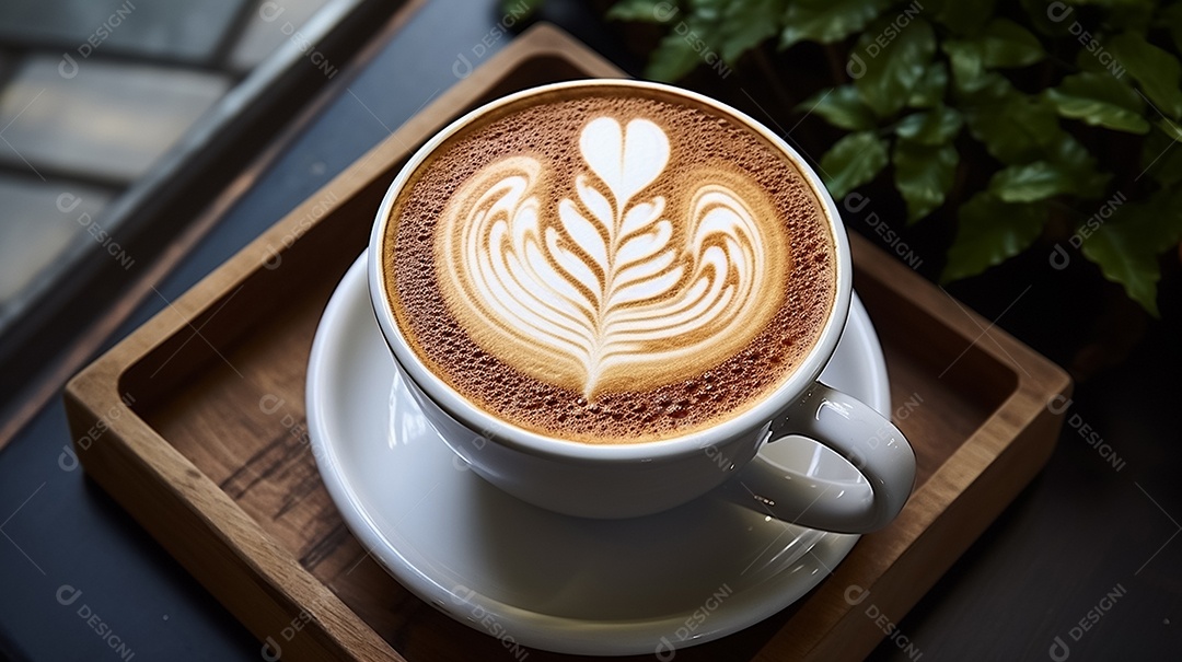 Café latte art em xícara branca na mesa de madeira com grãos de café ao redor