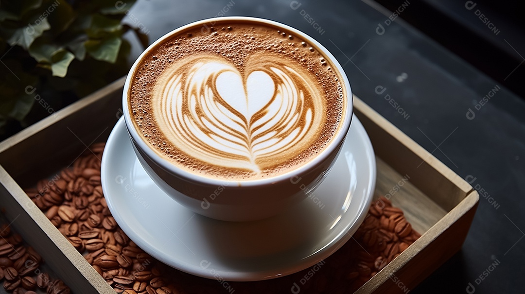 Café latte art em xícara branca na mesa de madeira com grãos de café ao redor