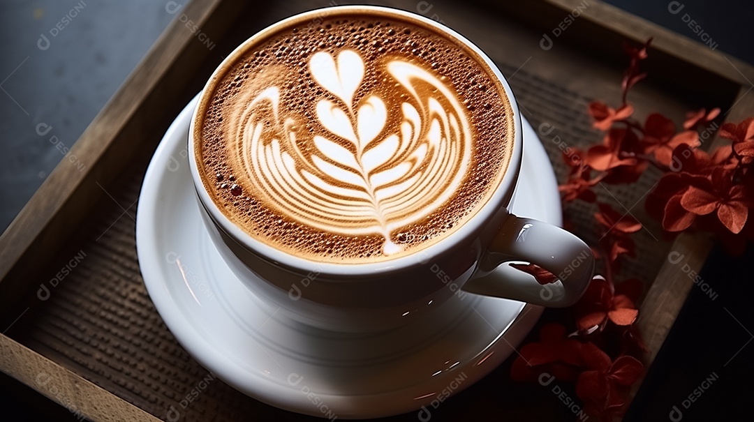 Café latte art em xícara branca na mesa de madeira com grãos de café ao redor