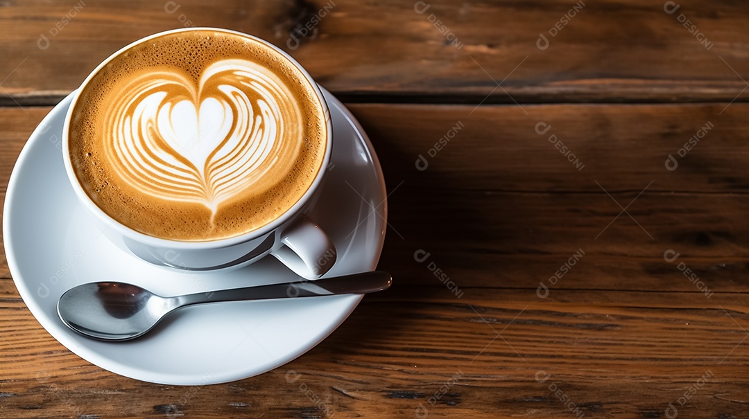 Café latte art em xícara branca na mesa de madeira com grãos de café ao redor