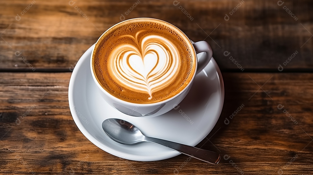 Café latte art em xícara branca na mesa de madeira com grãos de café ao redor