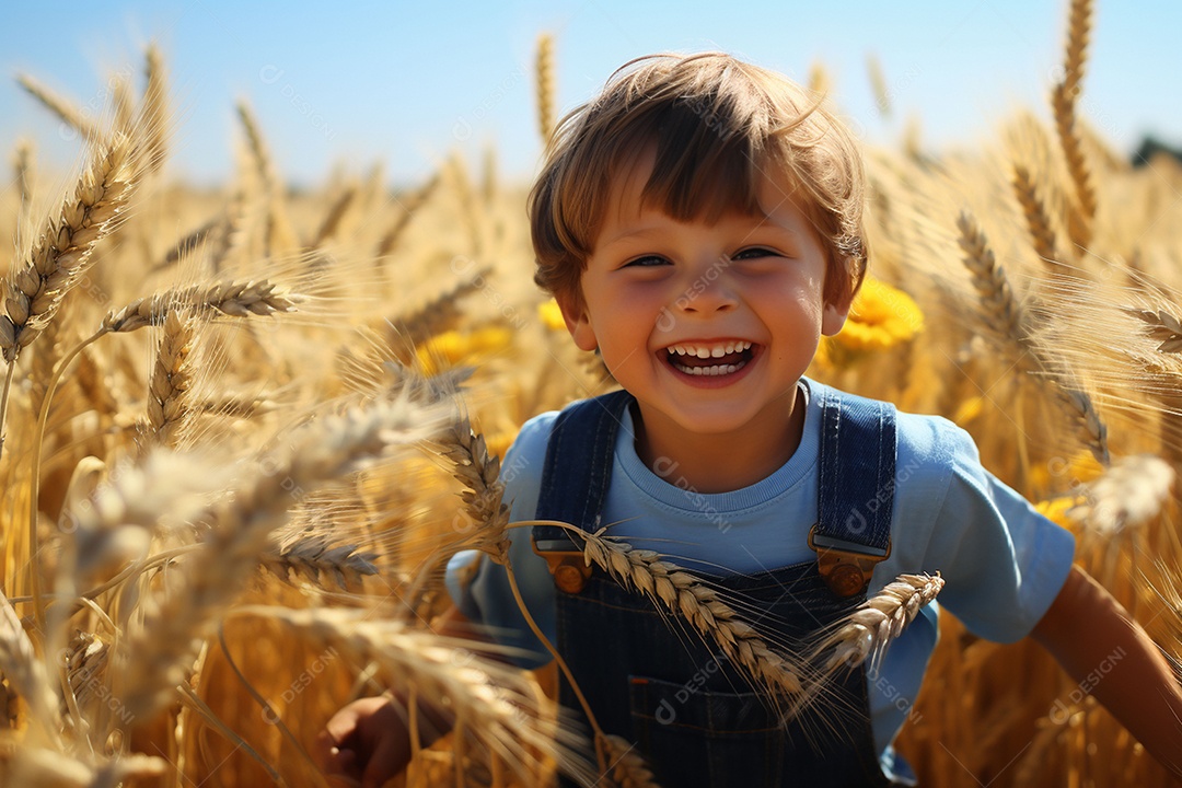 Uma criança fofa correndo nos campos