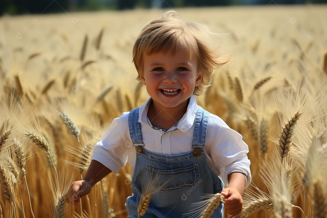 Uma criança fofa correndo nos campos