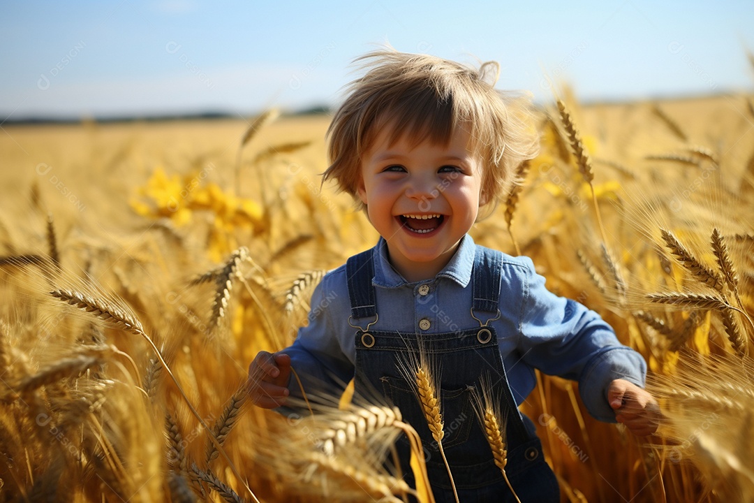 Uma criança fofa correndo nos campos