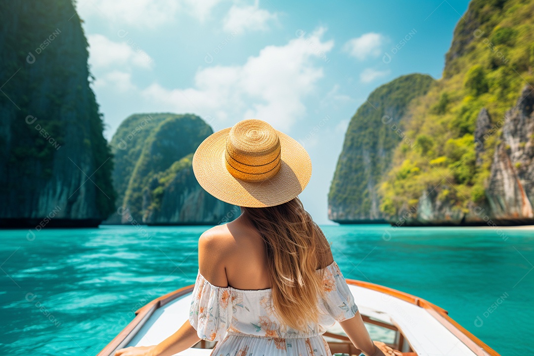 Mulher turista feliz em vestido branco de verão