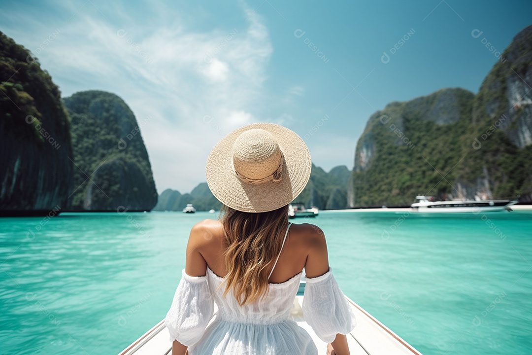 Mulher turista feliz em vestido branco de verão