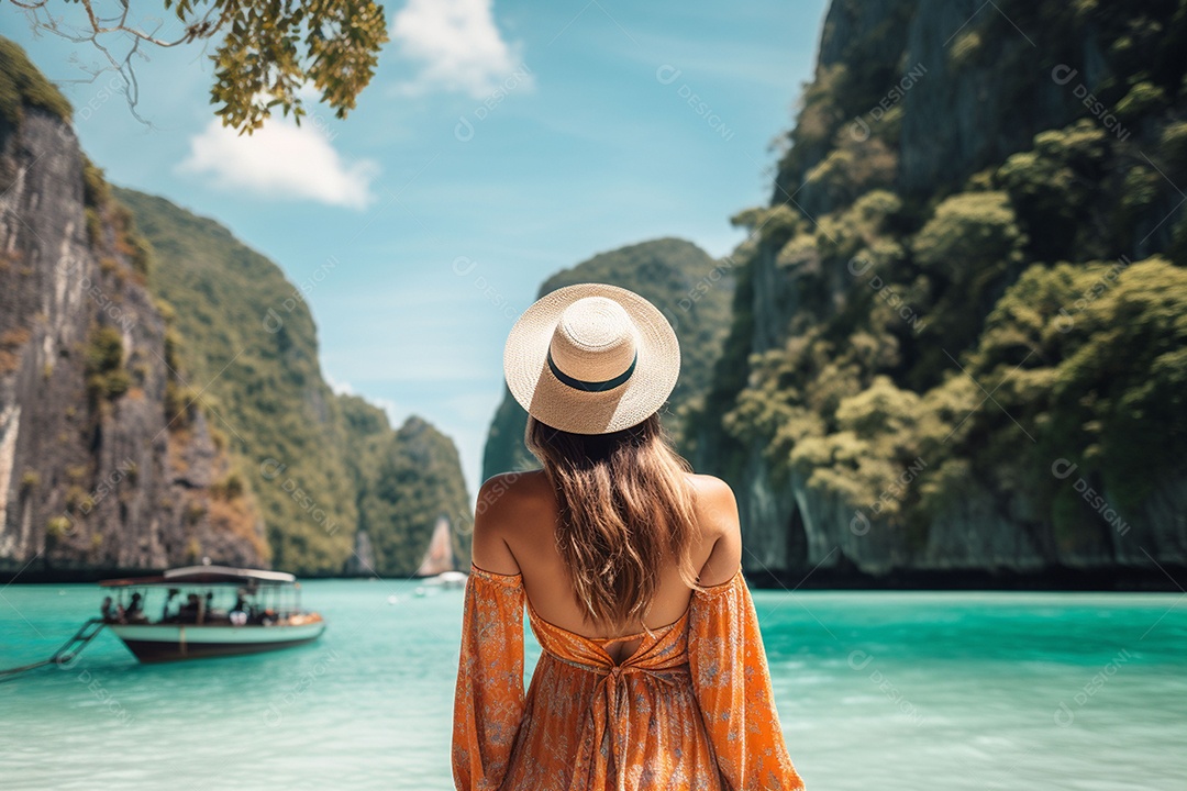 Mulher turista feliz em vestido branco de verão