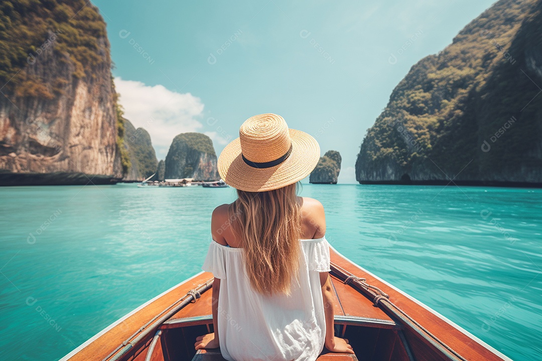 Mulher turista feliz em vestido branco de verão