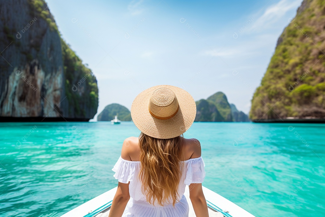 Mulher turista feliz em vestido branco de verão