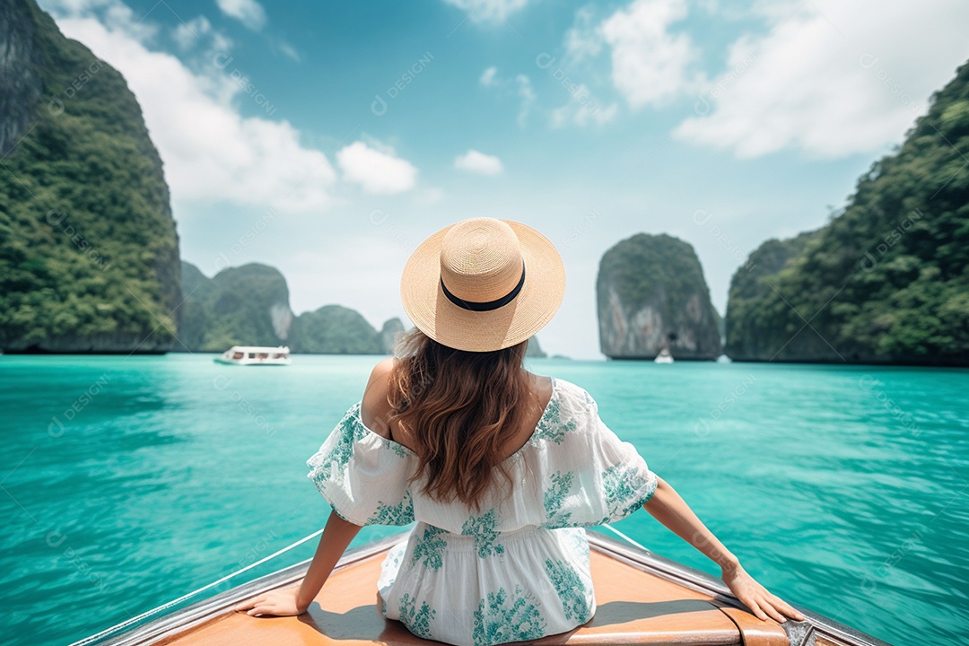Mulher turista feliz em vestido branco de verão