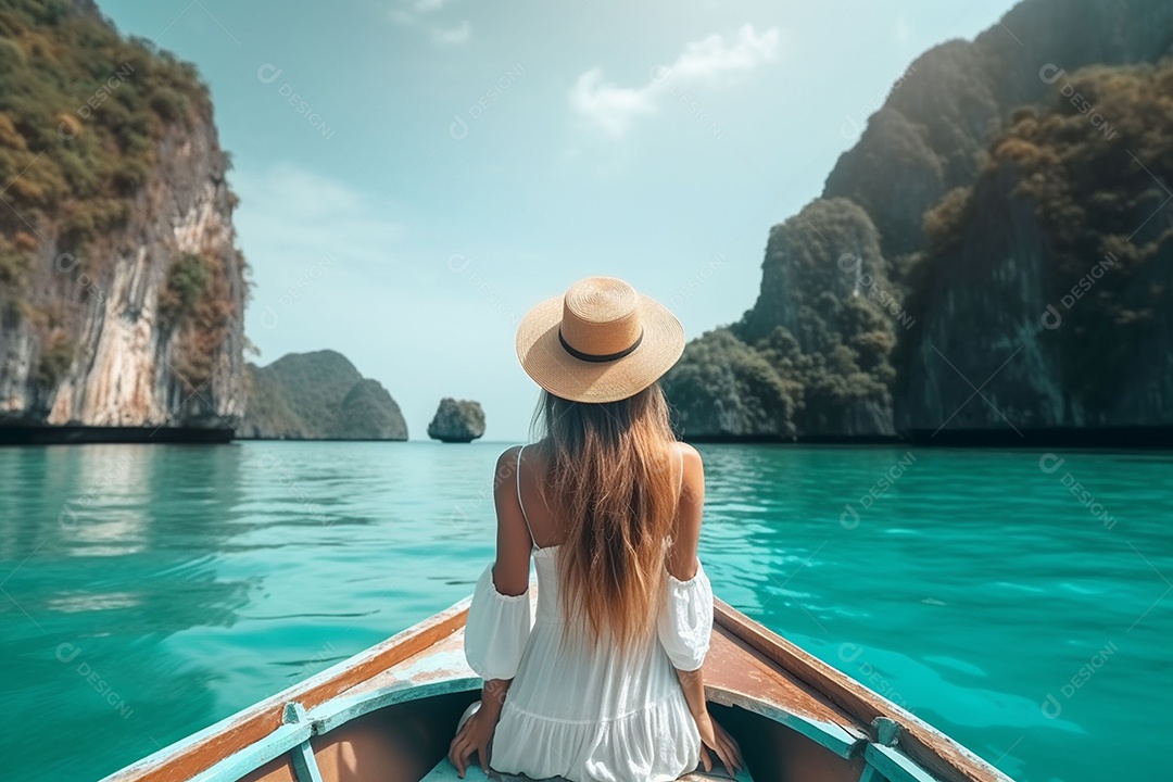 Mulher turista feliz em vestido branco de verão