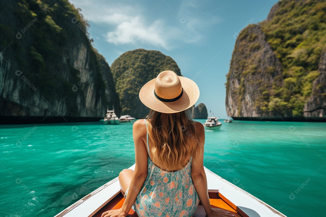 Mulher turista feliz em vestido branco de verão