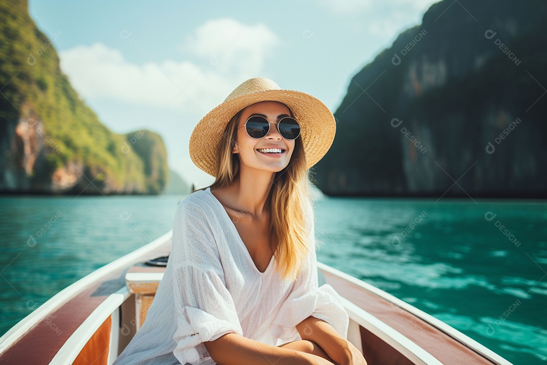 Mulher turista feliz em vestido branco de verão