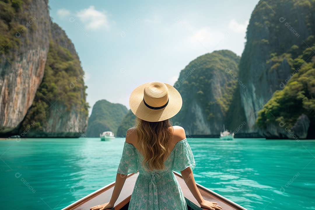Mulher turista feliz em vestido branco de verão