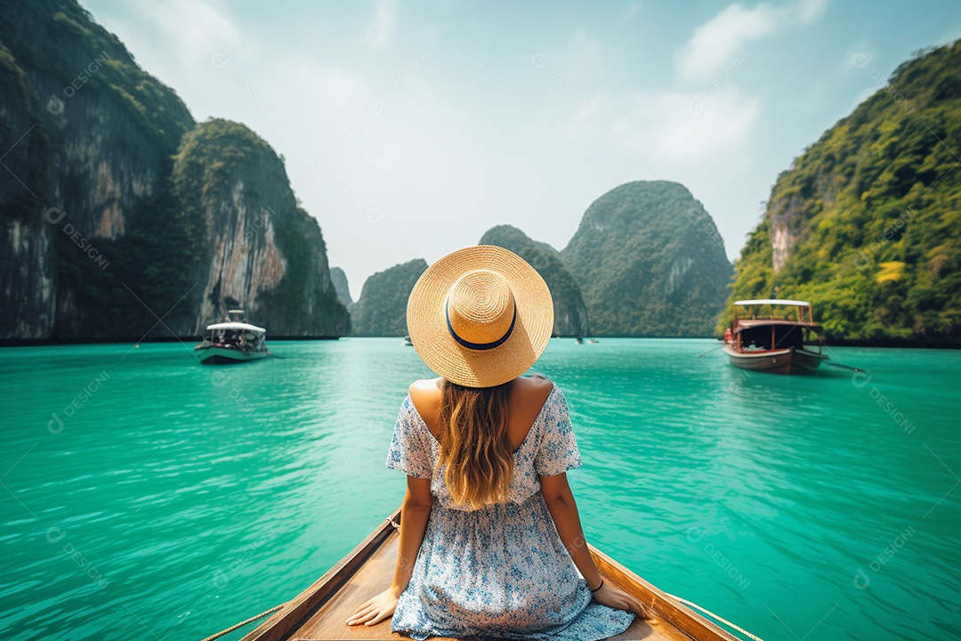 Mulher turista feliz em vestido branco de verão