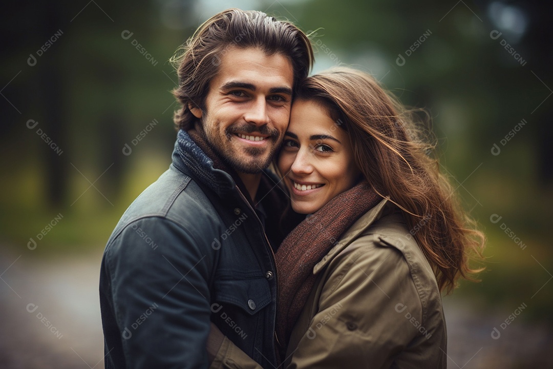 Jovem casal feliz sobre fundo desfocado