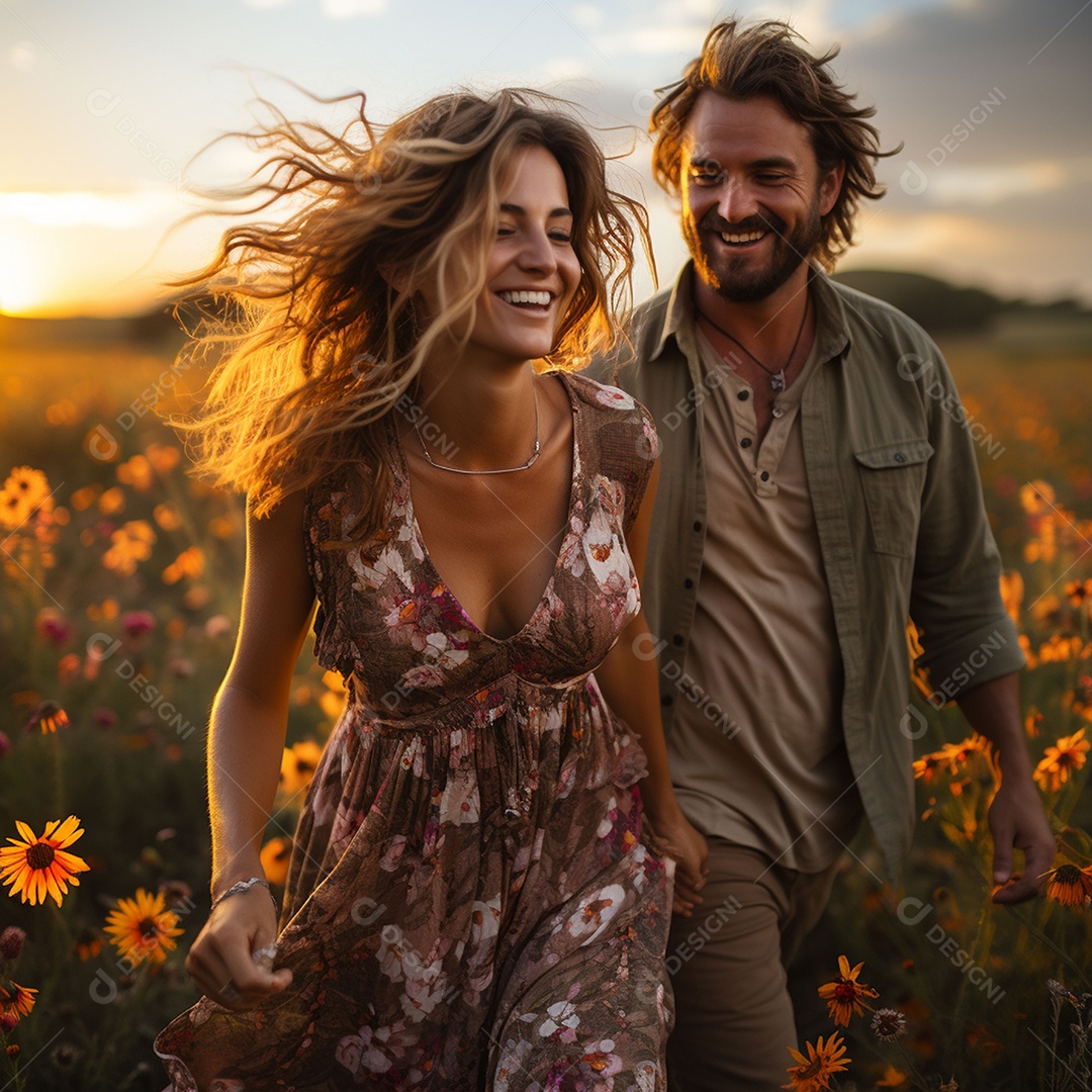 Jovem casal feliz sobre fundo desfocado