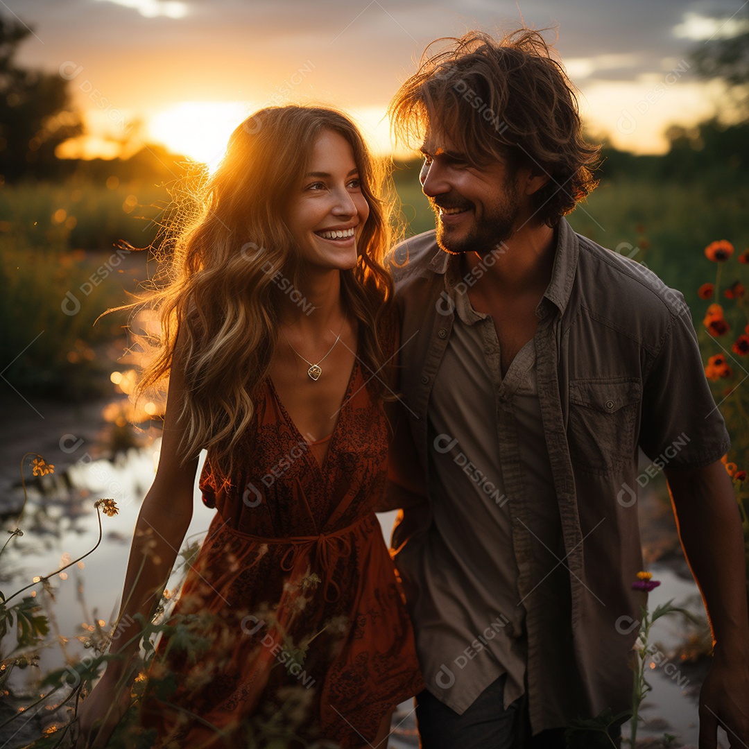 Jovem casal feliz sobre fundo desfocado