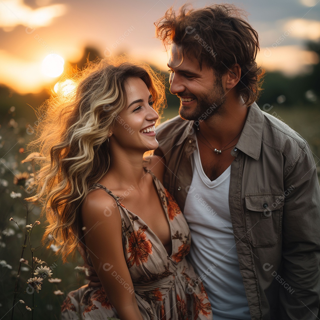 Jovem casal feliz sobre fundo desfocado