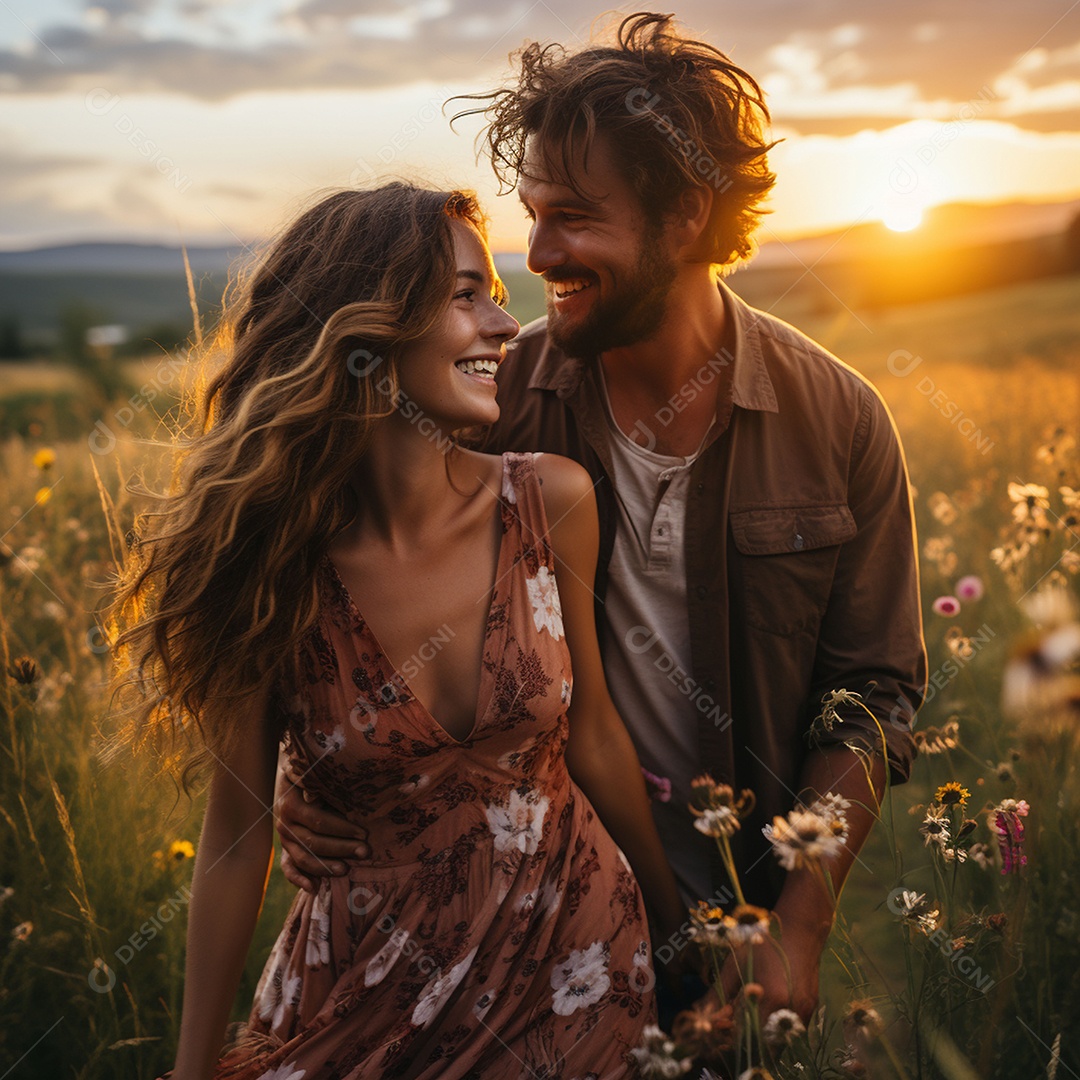 Jovem casal feliz sobre fundo desfocado