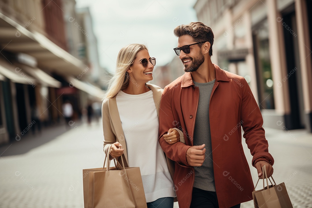 Jovem casal feliz sobre fundo desfocado