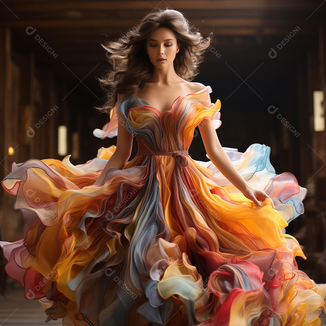 Linda mulher usando vestido de alta costura com desfoque de movimento