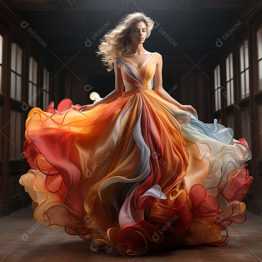 Linda mulher usando vestido de alta costura com desfoque de movimento