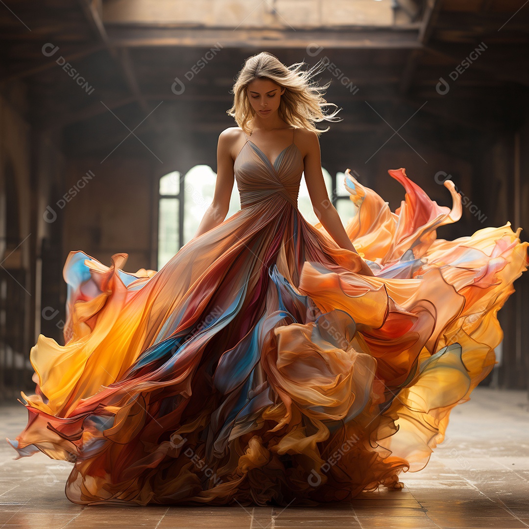 Linda mulher usando vestido de alta costura com desfoque de movimento