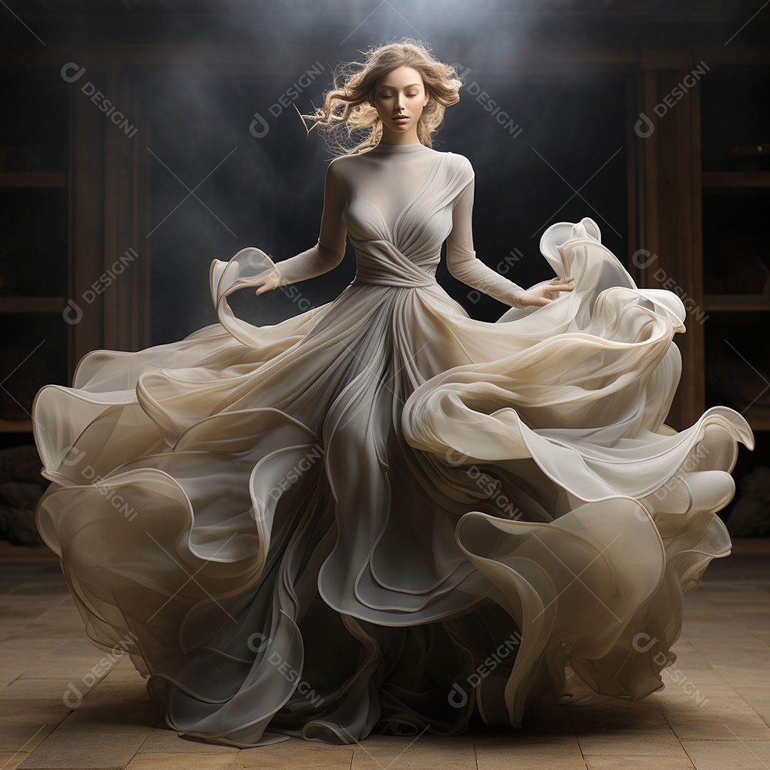 Linda mulher usando vestido de alta costura com desfoque de movimento