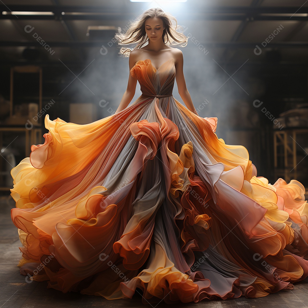 Linda mulher usando vestido de alta costura com desfoque de movimento