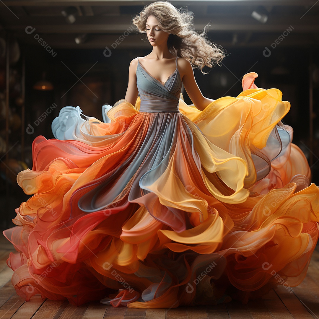 Linda mulher usando vestido de alta costura com desfoque de movimento