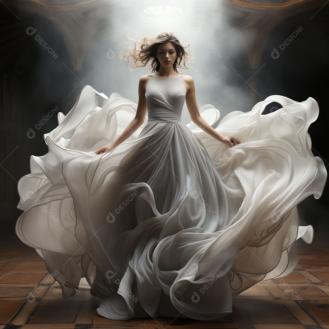 Linda mulher usando vestido de alta costura com desfoque de movimento