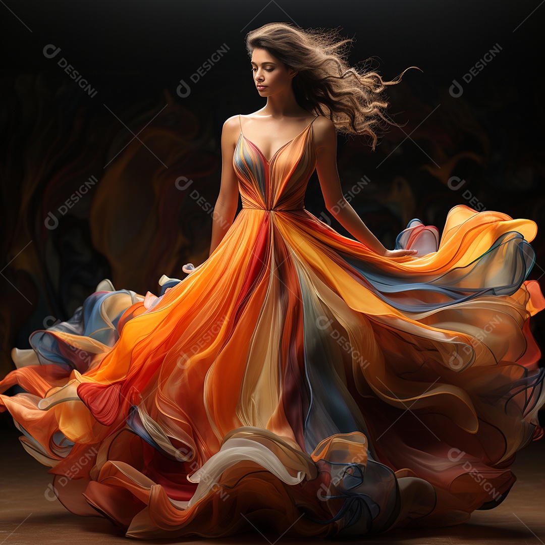 Linda mulher usando vestido de alta costura com desfoque de movimento