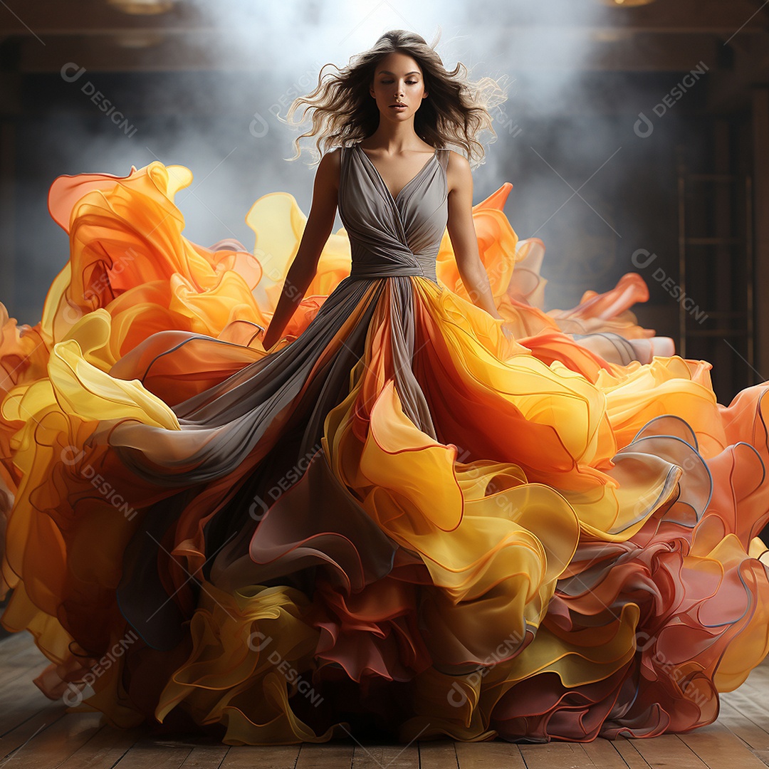 Linda mulher usando vestido de alta costura com desfoque de movimento