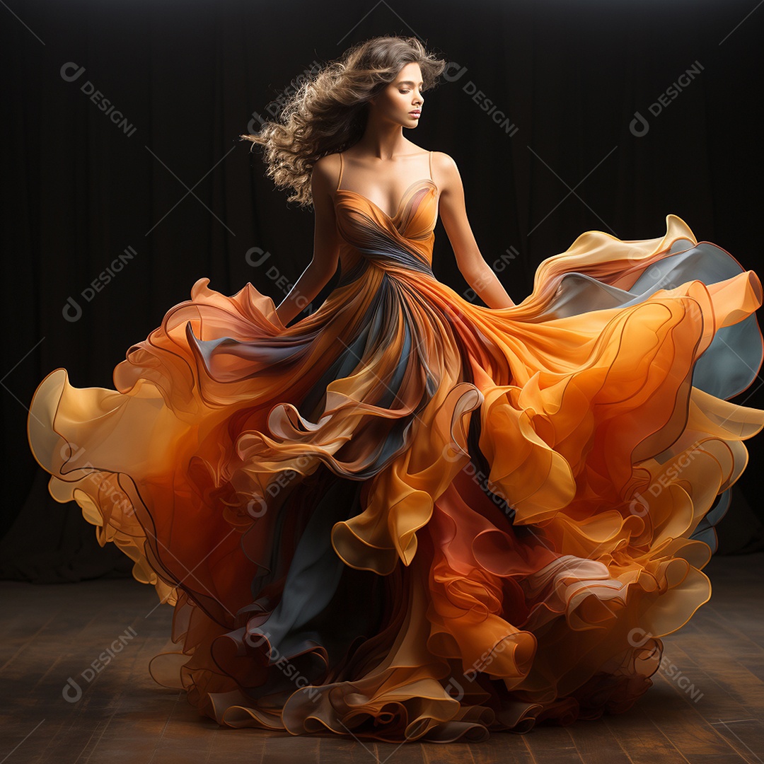 Linda mulher usando vestido de alta costura com desfoque de movimento