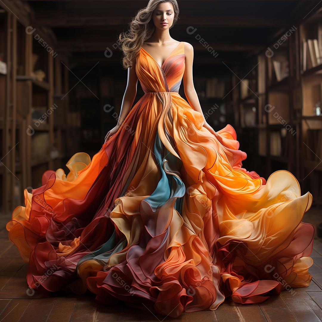 Linda mulher usando vestido de alta costura com desfoque de movimento