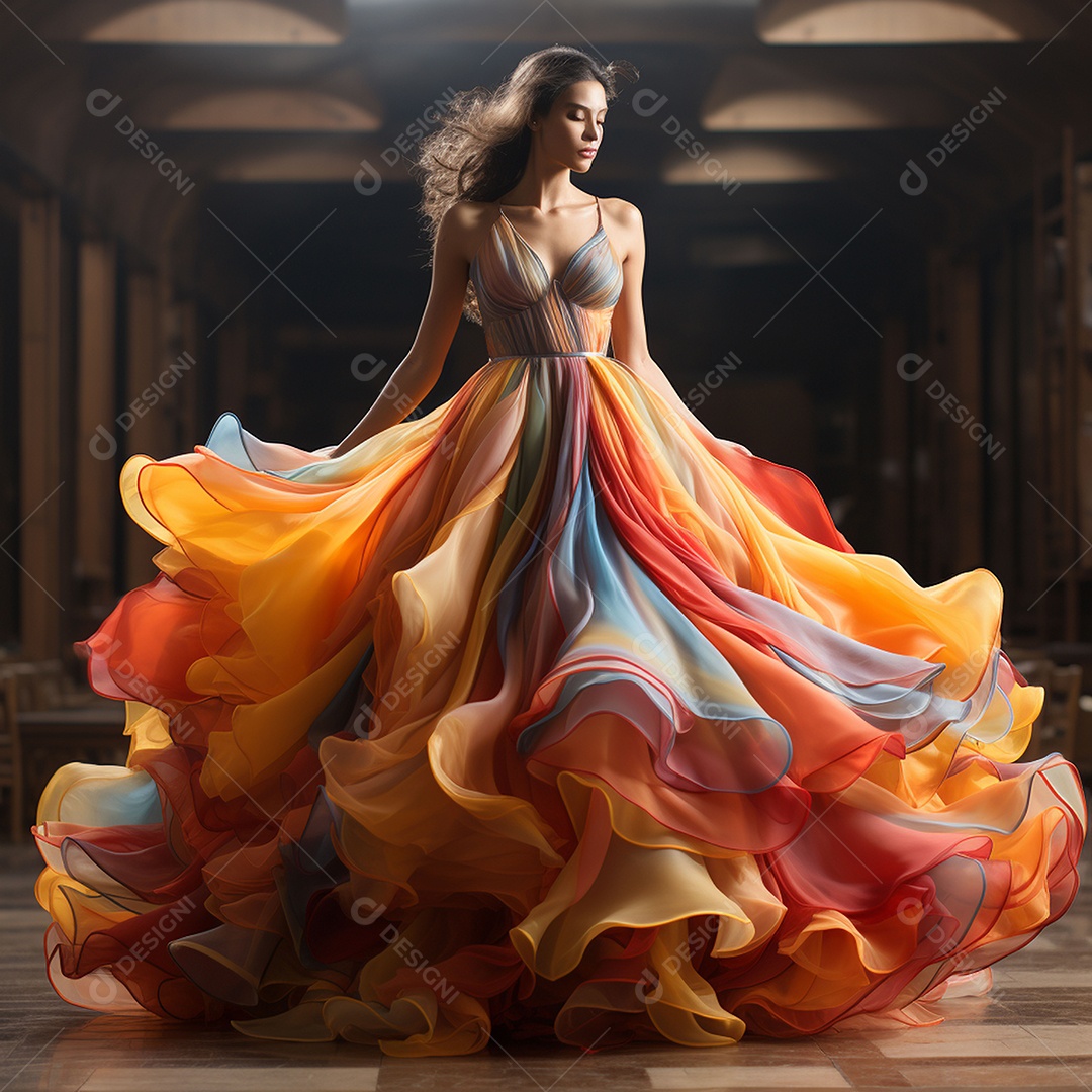 Linda mulher usando vestido de alta costura com desfoque de movimento