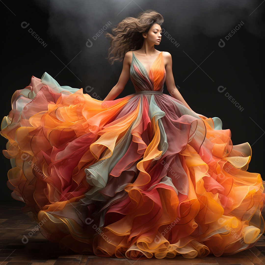 Linda mulher usando vestido de alta costura com desfoque de movimento