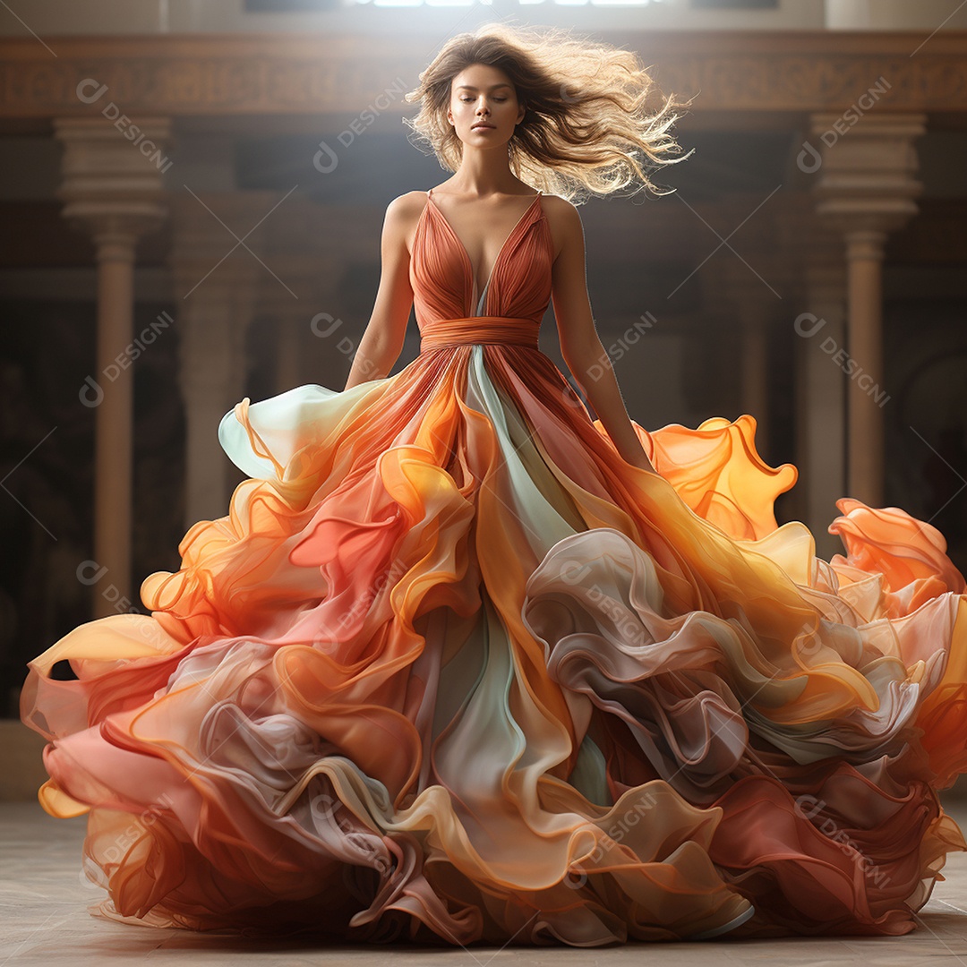 Linda mulher usando vestido de alta costura com desfoque de movimento