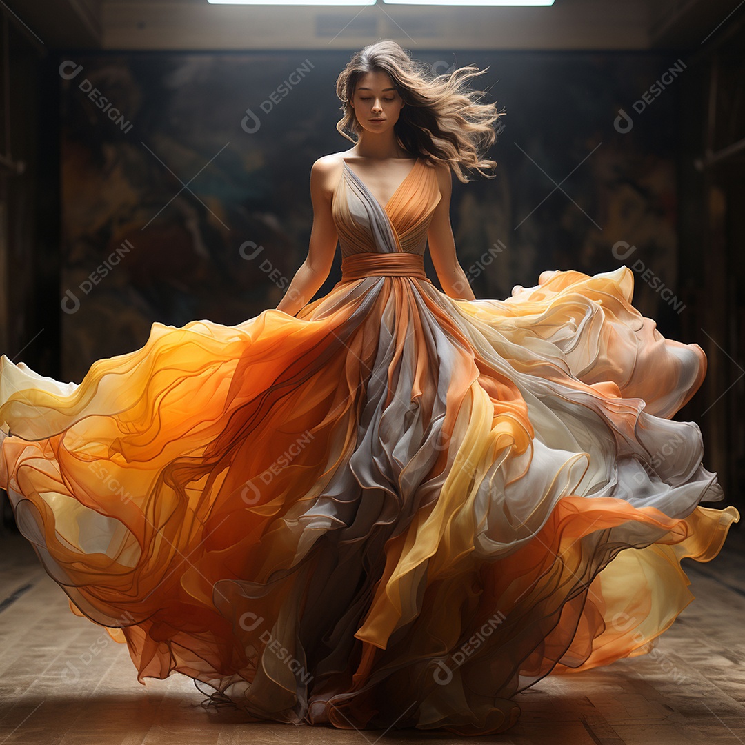 Linda mulher usando vestido de alta costura com desfoque de movimento