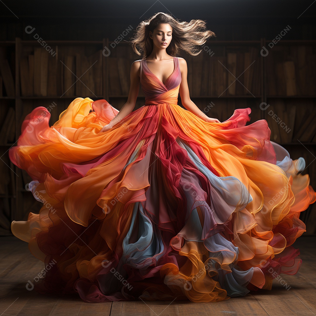 Linda mulher usando vestido de alta costura com desfoque de movimento