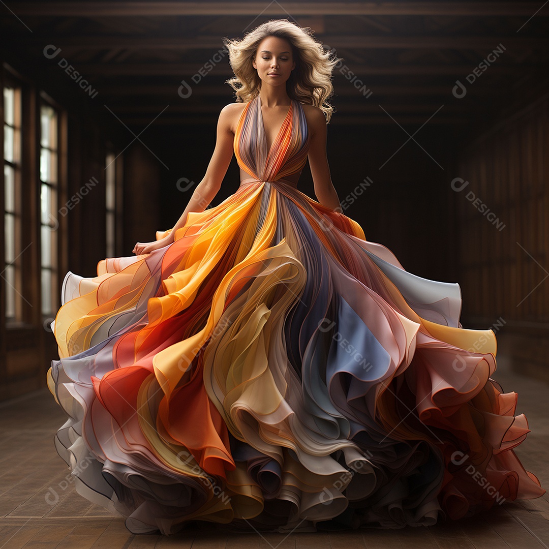 Linda mulher usando vestido de alta costura com desfoque de movimento