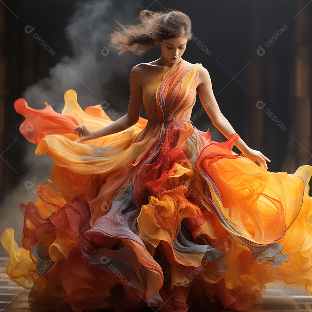 Linda mulher usando vestido de alta costura com desfoque de movimento