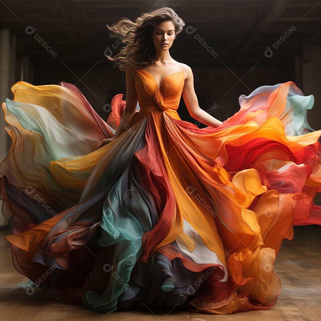 Linda mulher usando vestido de alta costura com desfoque de movimento