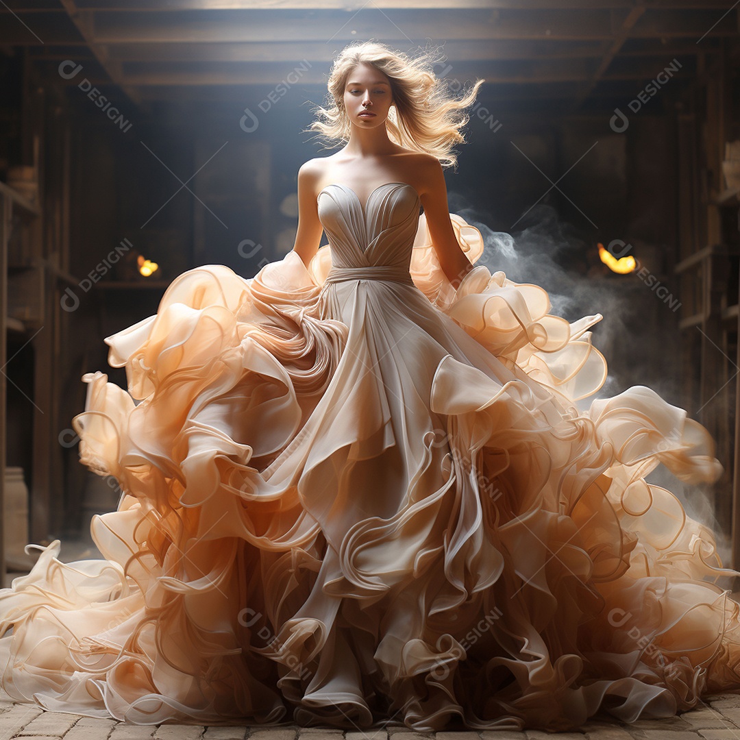 Linda mulher usando vestido de alta costura com desfoque de movimento