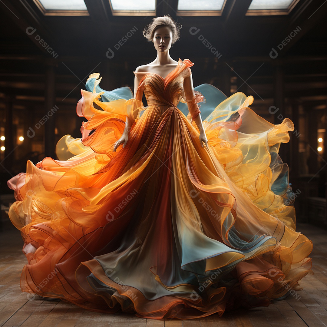 Linda mulher usando vestido de alta costura com desfoque de movimento