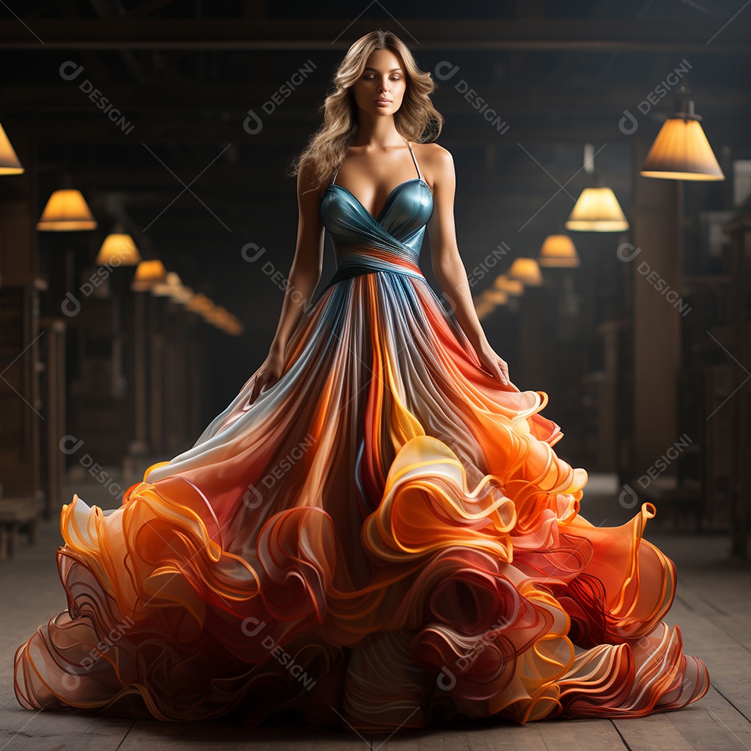 Linda mulher usando vestido de alta costura com desfoque de movimento