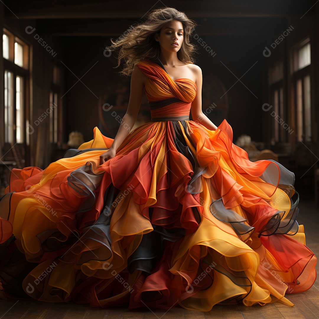 Linda mulher usando vestido de alta costura com desfoque de movimento