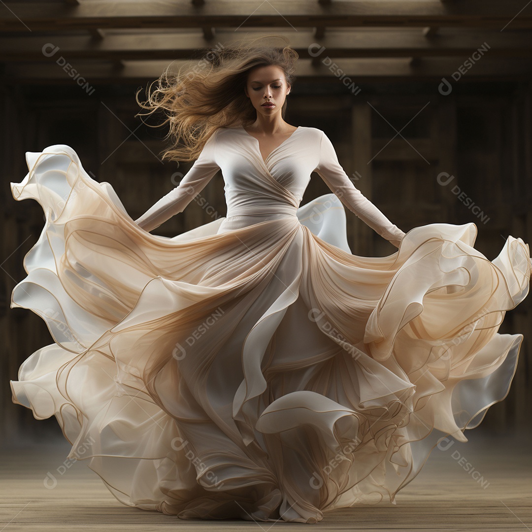 Linda mulher usando vestido de alta costura com desfoque de movimento