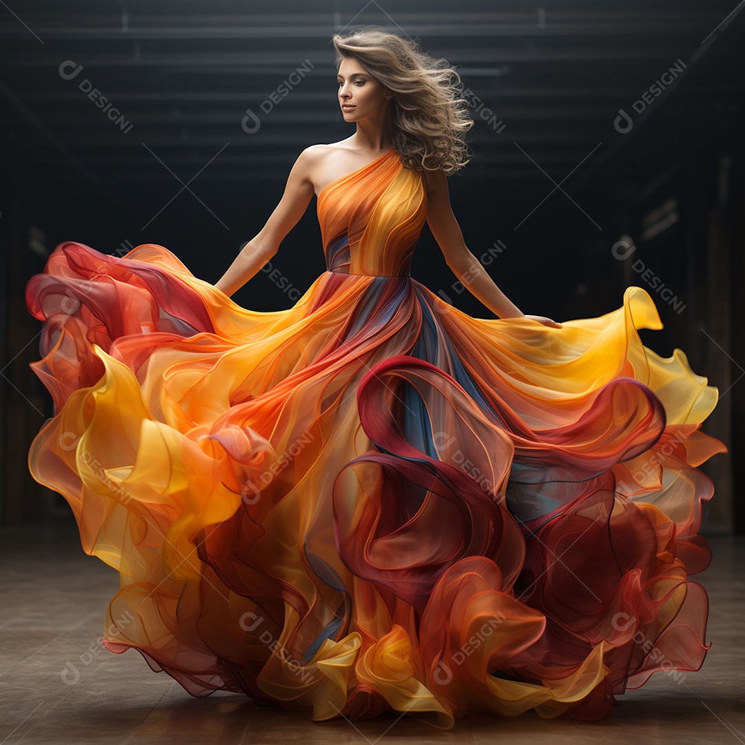 Linda mulher usando vestido de alta costura com desfoque de movimento